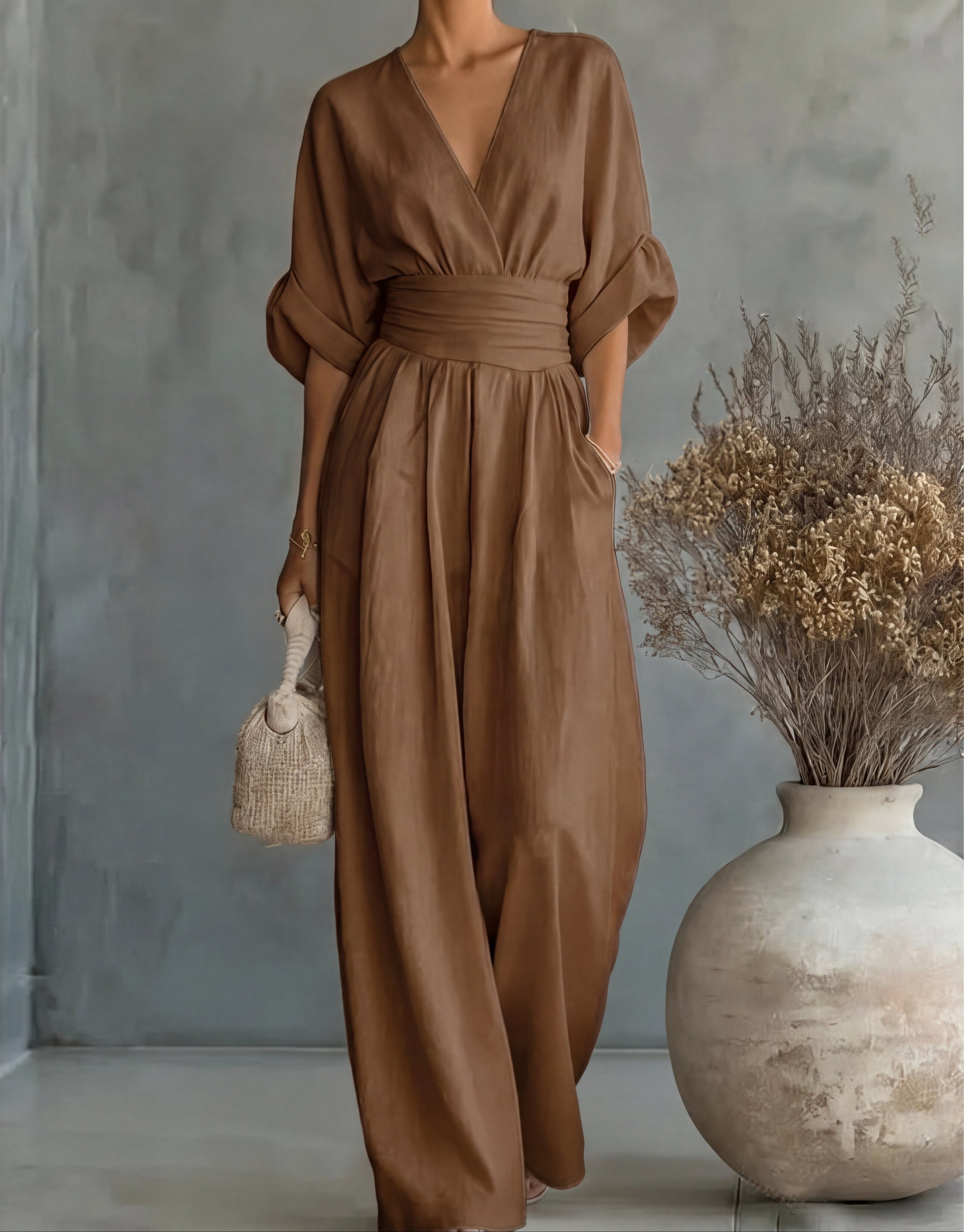 Fluid jumpsuit with V-neckline