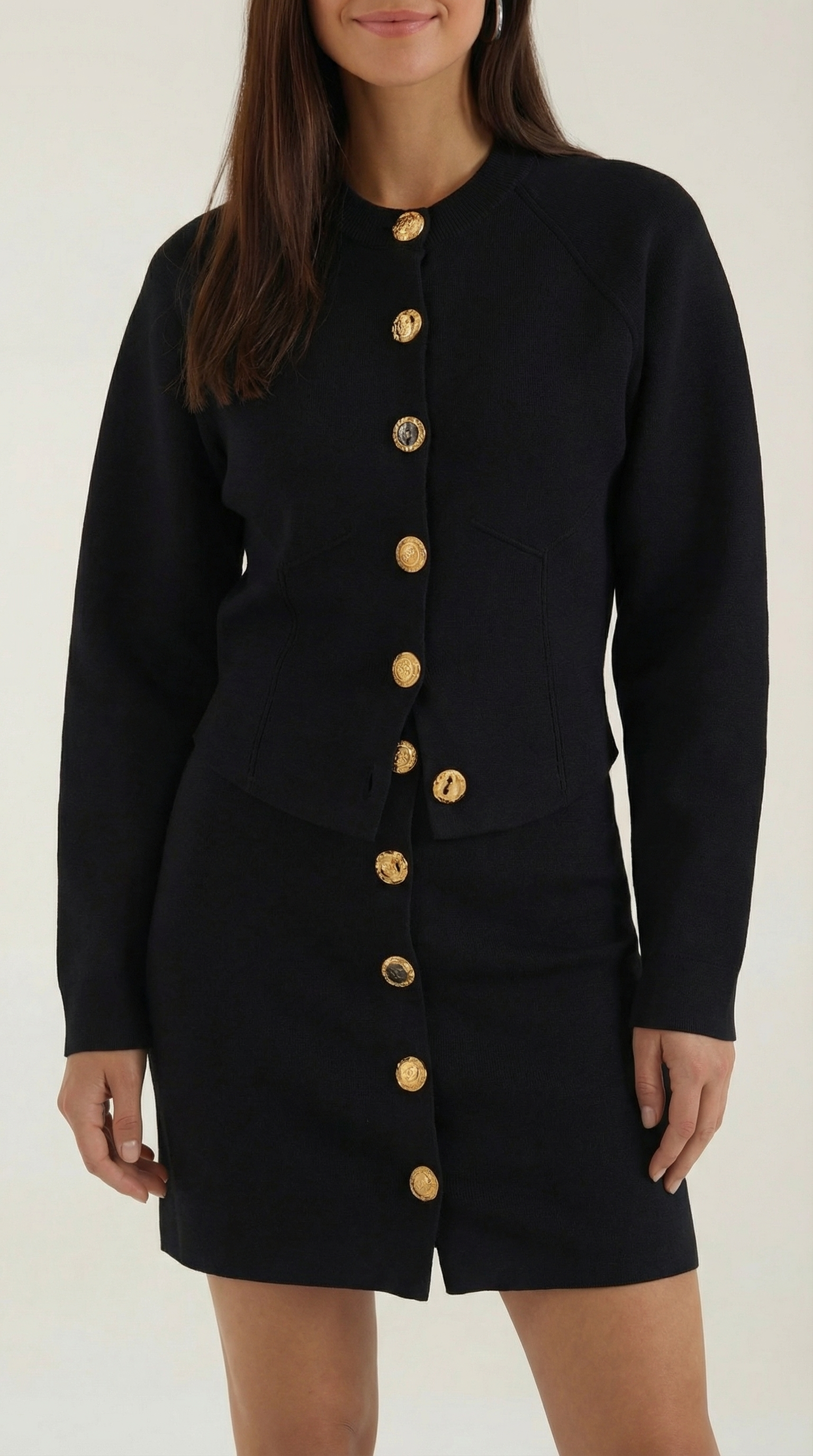 Carrie button-front cardigan and skirt set